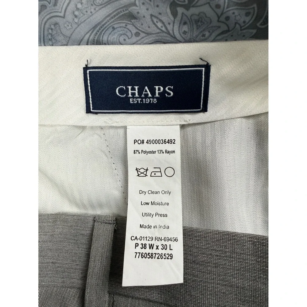 Chaps Dress Pants Mens 38x30 Gray Poly Rayon Pleated Cuffed Classic Professional